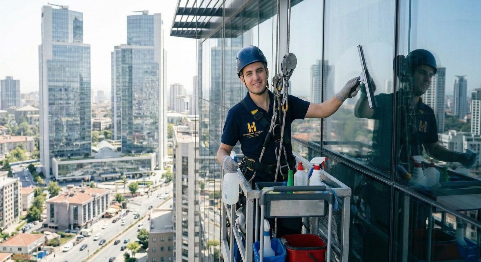 İstanbul plazalar ve yüksek katlı binalar için vinçli dış cephe cam temizlik hizmeti